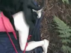 In the woods, a woman wearing a pink shirt got raped in her gap.